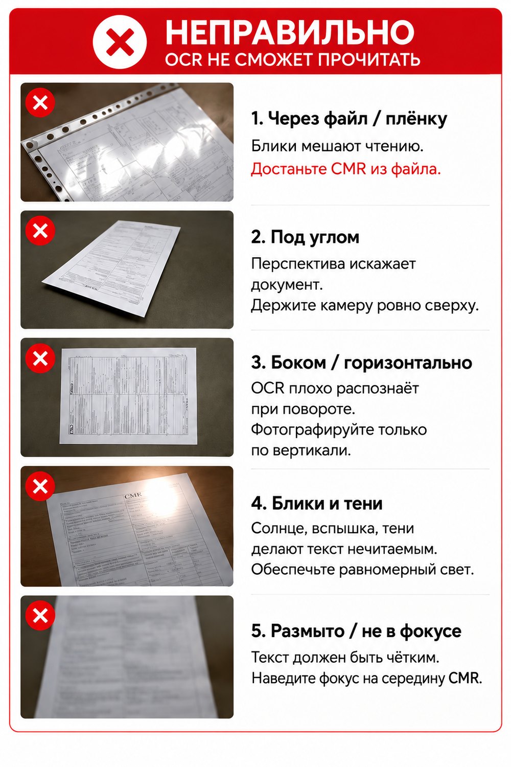 Правильное фото CMR: документ целиком в кадре, камера ровно сверху, текст читается